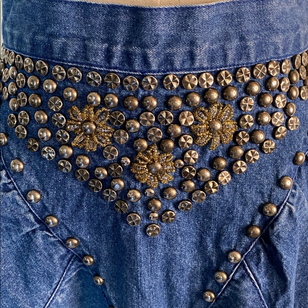 Vintage Denim Floral Beaded Embellished Skirt - Picture 3 of 10